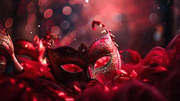 carnaval festa - veneziano máscaras em vermelho brilhar com brilhante serpentinas em abstrato desfocado bokeh luzes, generativo ai foto