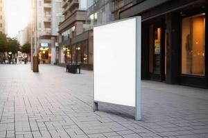 ai generativo uma em branco branco Painel publicitário brincar em uma calçada dentro uma cidade foto