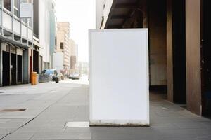 ai generativo uma em branco branco Painel publicitário brincar em uma calçada dentro uma cidade foto