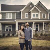 ai generativo retrato do feliz maduro casal em pé dentro frente do seus Novo casa foto