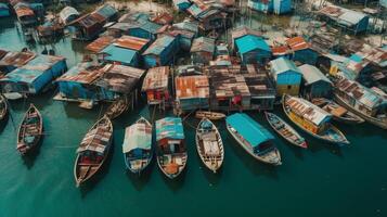 ai generativo aéreo Visão do Porto Maritimo com pequeno pescaria barcos foto