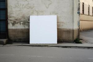 ai generativo uma em branco branco Painel publicitário brincar em uma calçada dentro uma cidade foto