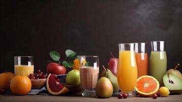 óculos com diferente sucos e fresco frutas em mesa com Preto bagground, generativo ai foto
