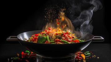 congelar movimento do wok panela com vôo ingredientes dentro a ar e fogo chamas, generativo ai foto