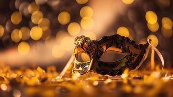 carnaval festa - veneziano mascarar em amarelo cetim com brilhante serpentinas em abstrato desfocado bokeh luzes, generativo ai foto