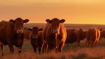 uma rebanho do vacas olhando às a Câmera dentro orkney campo às pôr do sol, generativo ai foto