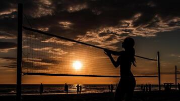 de praia voleibol com pôr do sol fundo, generativo ai foto