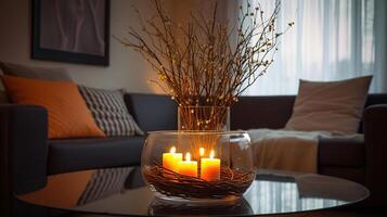 à moda luz quarto interior com confortável sofá e queimando velas e salgueiro, generativo ai foto