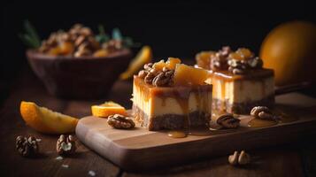 delicioso caramelo bolo de queijo com nozes e laranja servido em de madeira mesa, generativo ai foto