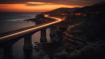 pôr do sol sobre a mar penhasco ponte ao longo pacífico oceano costa com luzes do passagem carros perto sydney. generativo ai foto