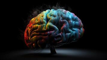 colorida humano cérebro em Preto fundo, generativo ai foto