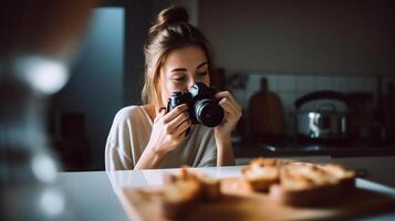 lindo jovem mulher fazer saboroso Torradas e levar uma foto, generativo ai foto