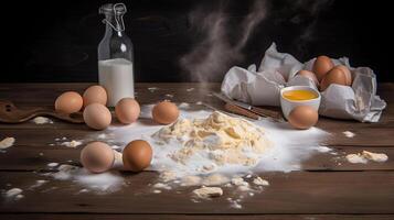 trigo farinha com ovos, óleo e leite em mesa, generativo ai foto