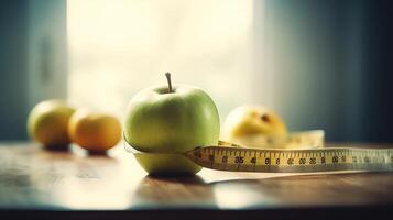 saudável dieta e peso perda conceito, maçã e fita a medida em a nutricionista mesa, generativo ai foto