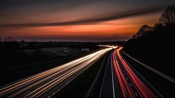 grandes exposição foto do tráfego em a mover às crepúsculo em autoestrada, generativo ai