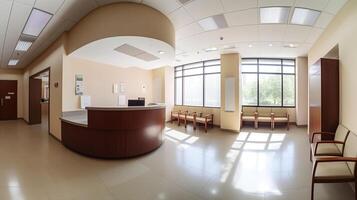 interior do moderno médico escritório com médico ambiente de trabalho, generativo ai foto