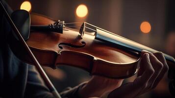 violino jogador. violinista mãos jogando violino orquestra musical instrumento fechar-se, generativo ai foto