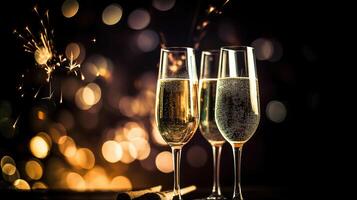 Novo ano celebração - torrada com champanhe e fogos de artifício, generativo ai foto