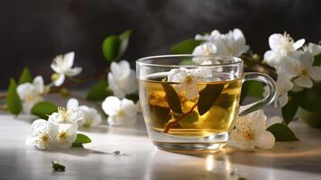 composição com copo do jasmim chá e flores, generativo ai foto