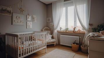 moderno interior do acolhedor quarto com grande cama e confortável bebê berço, generativo ai foto