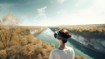 mulher vendo uma lindo natural panorama com rio dentro vr, virtual viagem conceito, generativo ai foto