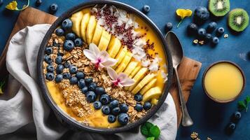 saudável abacaxi, manga batido tigela com coco, bananas, amoras e granola. Sombrio bagground, generativo ai foto