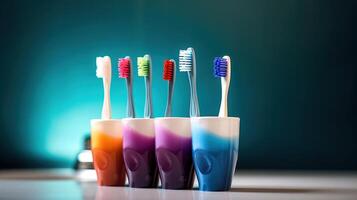 escova de dente suporte com escovas de dente e pasta de dentes, dental higiene conceito, generativo ai foto
