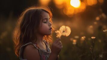 pequeno menina sopro dente de leão flor às pôr do sol - desfocado fundo, generativo ai foto