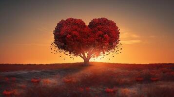 coração árvore - amor para natureza - vermelho panorama às pôr do sol, generativo ai foto