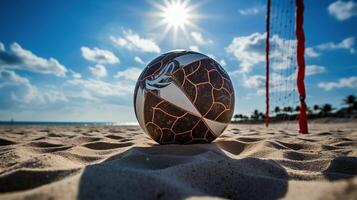 de praia voleibol. jogos bola debaixo luz solar e azul céu, generativo ai foto