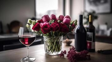 vaso com lindo flores, óculos do vinho e presentes para dia dos namorados dia em mesa dentro cozinha, generativo ai foto