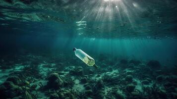 garrafa plástico poluição dentro oceano - embaixo da agua brilho com lixo flutuando em mar - de Meio Ambiente problema, generativo ai foto