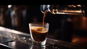 profissional café fermentação. fechar-se do espresso derramando a partir de café máquina, generativo ai foto