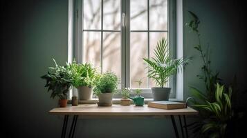 escrivaninha do livre espaço com Primavera flores e fundo do janela, generativo ai foto