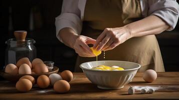 mulher rachaduras ovos para dentro tigela para cozinhando pastelaria, generativo ai foto