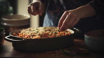 mulher levando cozimento prato com saboroso arroz caçarola Fora do forno, generativo ai foto