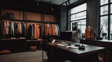 moderno boutique interior com à moda roupas e computador portátil em a mesa, generativo ai foto