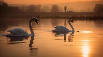 cisnes sobre lago às nascer do sol - calma e romance, generativo ai foto