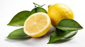 limão fruta com folha isolar. limão todo, metade, fatiar, folhas em branco. limão fatias com entusiasmo isolado. generativo ai foto