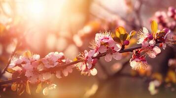 Primavera Flor fundo. lindo natureza cena com florescendo árvore e Sol flare. ensolarado dia. Primavera flores lindo Pomar. abstrato borrado fundo, generativo ai foto