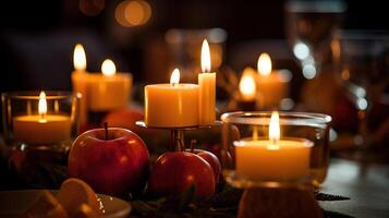 iluminado velas ficar de pé em a festivo servido jantar mesa, generativo ai. foto