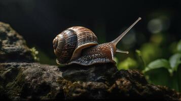 Caracol em Rocha alcançando acima, generativo ai foto