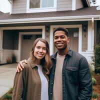 ai generativo retrato do feliz maduro casal em pé dentro frente do seus Novo casa foto