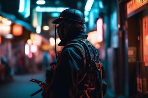 armado samurai e japonês rua com borrado néon luzes às noite em fundo. ai gerado foto