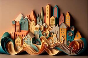 generativo ai papel dobrando estilo urbano Projeto. multidimensional papel dobrando construir ilustração uma pequeno cidade. foto