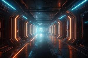 Ciência ficção interior cena scifi corredor render cena com néon luzes e fumaça tecnologia. ai gerado foto