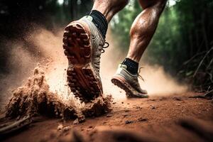 fechar-se às a corredor pés é corrida em a sujeira rota às a selva, rua e estrada. trilha corrida esporte açao e humano desafio conceito. generativo ai foto