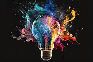 ilustração do colorida lâmpada com respingo do cores em Preto fundo. criatividade, eureca, imaginação, inspiração. generativo ai. idéia e solução conceito foto