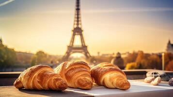 delicioso francês croissants em nostálgico estabelecimento do eiffel torre, Paris. criativo recurso, ai gerado foto