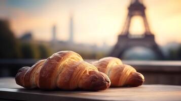 delicioso francês croissants em nostálgico estabelecimento do eiffel torre, Paris. criativo recurso, ai gerado foto